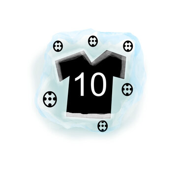 Patr&oacute;n de varias franelas de color negra con el numero 10 rodeada de pelotas de f&uacute;tbol en un fondo transparente 