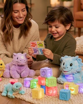 Eyelevel medium shot capturing joyful interaction as a child matches dinosaur cards plush toys and pastel blocks scattered around while parent watches fondly in the cozy playroom