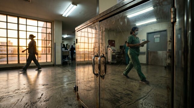 Cinematic reflection of a healthcare worker in a tarnished medical cabinet during golden hour