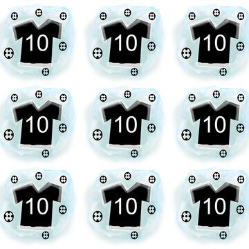 Patr&oacute;n de varias franelas de color negra con el numero 10 rodeada de pelotas de f&uacute;tbol en un fondo transparente 