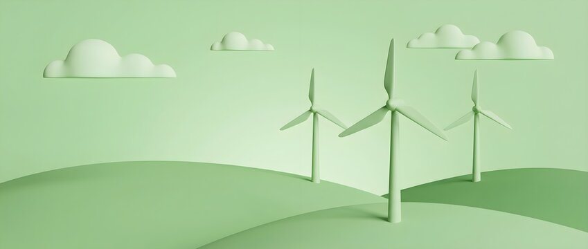 Minimal Wind Turbines on Green Hills Renewable Energy 3D Illustration