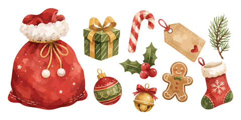 Obraz na płótnie Canvas Watercolor red Santa sack and Christmas gifts clipart set