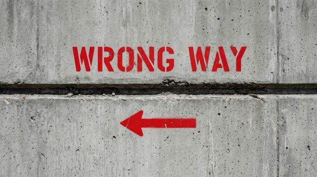 Bold red wrong way sign with a directional arrow painted on a rough gray concrete wall for traffic guidance purposes