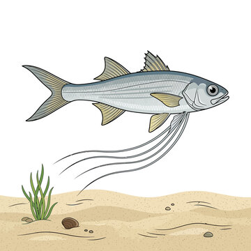Single bonefish illustration with long barbels swimming over sandy seabed, isolated on white