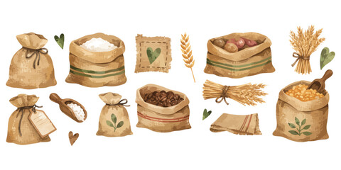 Obraz premium Watercolor burlap sacks with flour grains and harvest clipart set