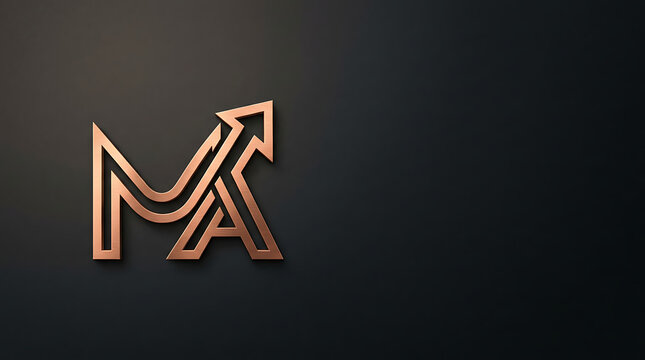 Rose gold monogram letters m and a with growth arrow on dark wall