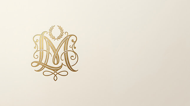 Elegant golden monogram letter m with ornate flourishes and wreath