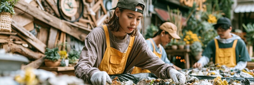 Focused medium shot of workers separating landfill waste at a structured community hub surrounded by reclaimed wood d&Atilde;&copy;cor and greenery capturing an ecoconscious lifestyle