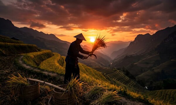 Dramatic silhouette of Thai rice farmer harvesting with traditional sickle on terraced hillside in Northern Thailand, powerful backlit sunset in deep orange and crimson sky.