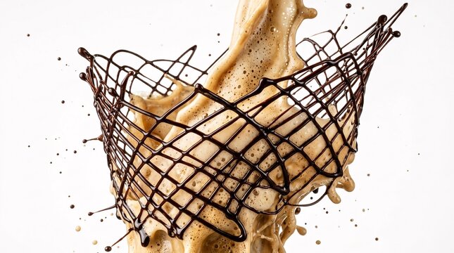 Elegant basket weave lattice pattern of dark chocolate syrup over milk coffee.