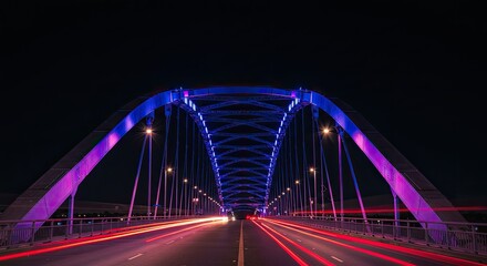 Fototapeta premium Illuminated arched bridge at night with vehicle light trails against dark sky