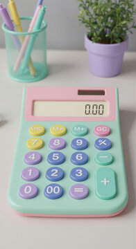 A pastel-colored calculator with a digital display showing "0.00" sits on a white desk.