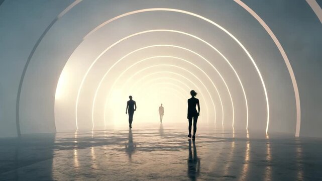 Silhouettes walking through luminous futuristic tunnel with dramatic backlighting