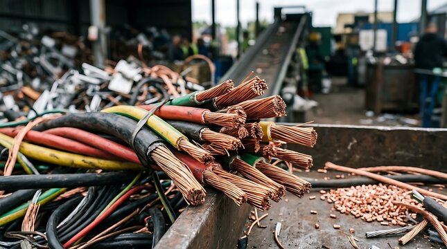 Close-up of stripped copper electrical wires and cables at a recycling facility
