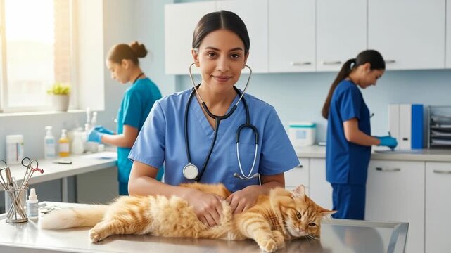 Veterinarian examining orange cat on medical table in clinic