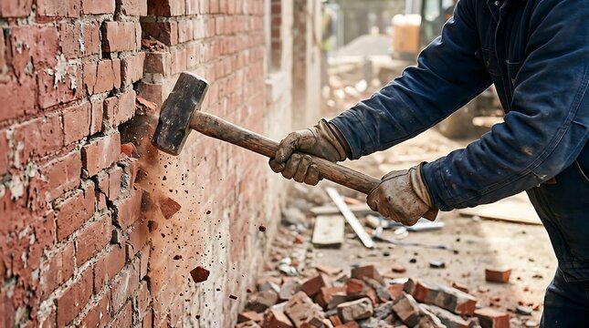 Demolition of a brick wall with a sledgehammer by a construction worker
