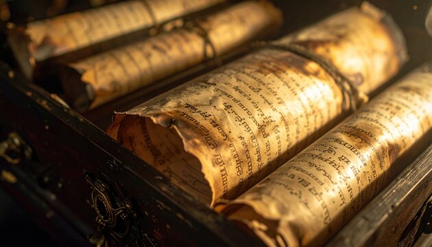 Ancient Burnt Parchment Scrolls with Faint Hebrew Script Carefully Conserved in a Dark Interior