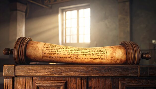 Ancient Hebrew Scroll of Torah on Display, Showing Sacred Script and Light Rays Through a Window.