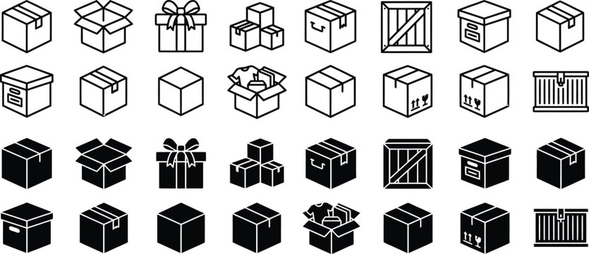 Collection of cardboard boxes and shipping containers icons with box icon delivery icon cargo box