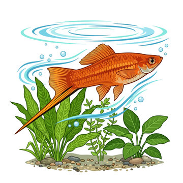 Orange Swordtail Fish Swimming Underwater with Aquatic Plants and Bubbles
