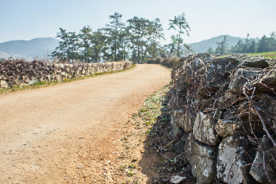 A serene series captures a rustic dirt path lined with traditional stone walls in Cheongsando Island, South Korea. Images of the masonry and pine trees illustrate rural tranquility and slow living.