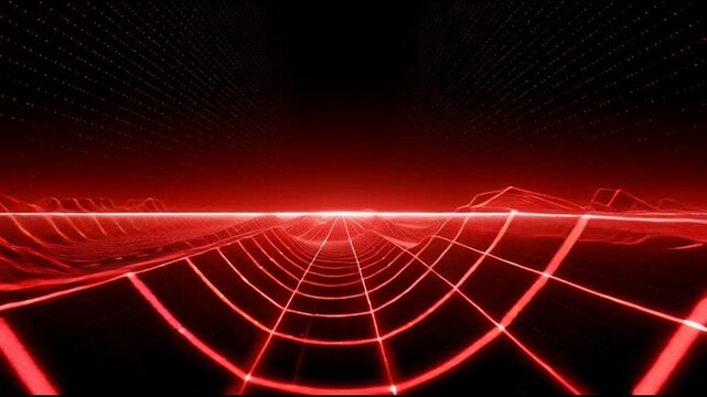 Red Grid Landscape Expanding in Futuristic Setting