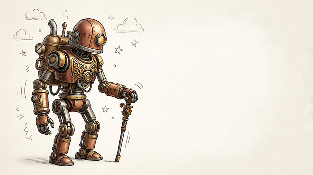 Steampunk robot walking with an ornate cane on neutral background