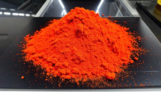 Vibrant red amorphous phosphorus powder scattered on a dark laboratory surface