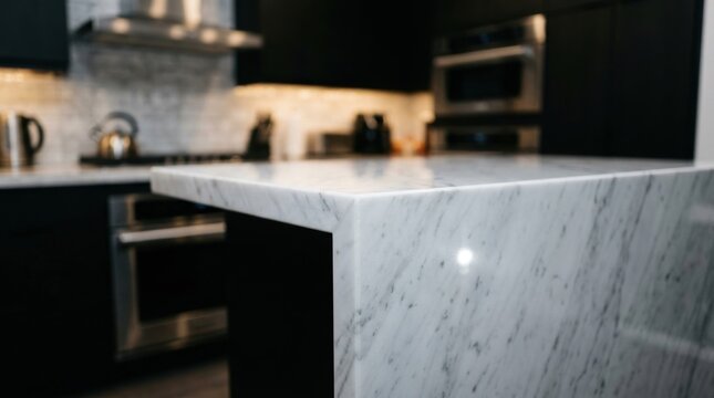Close-up of a polished white marble kitchen island countertop with a mitered waterfall edge in a modern luxury kitchen with black cabinets and stainless steel appliances.