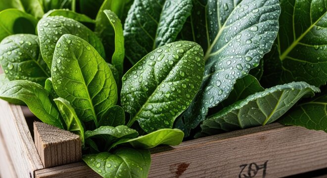 Fresh green leaves in wooden crate.
