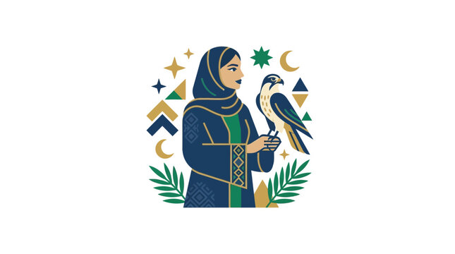 Arab Woman in Hijab with Falcon, Emirati Culture, National Emblem