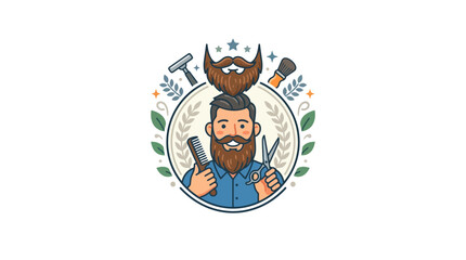 Fototapeta premium Barber Man with Beard, Scissors, Comb and Shaving Brush