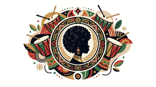 African woman silhouette with traditional djembe drums and colorful ethnic patterns vector illustration. EPS Editable