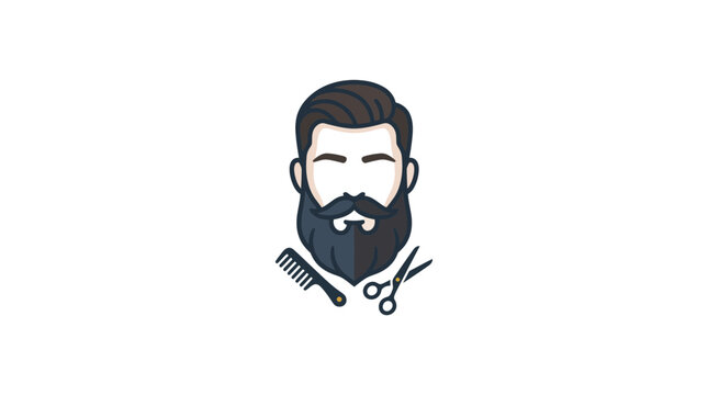Barber Shop Logo: Bearded Man, Scissors, Comb - Modern Icon