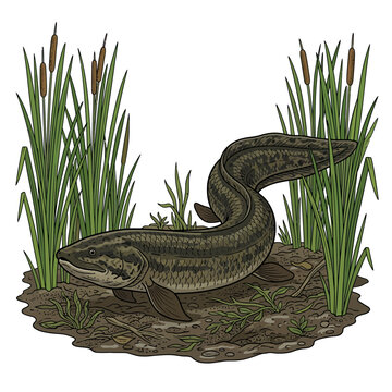 Fossil fish lungfish prehistoric creature ancient aquatic animal marsh reeds illustration