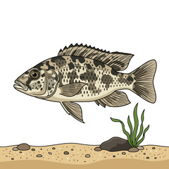 Fototapeta premium Spotted Freshwater Fish Illustration with Aquatic Plants and Sand