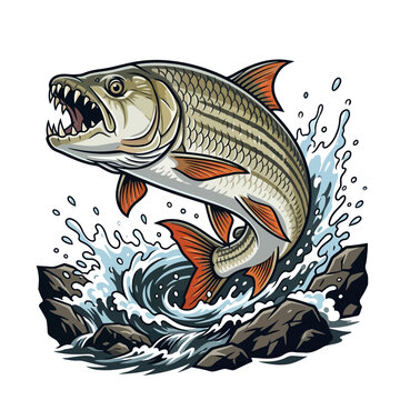 Jumping Tigerfish with Fierce Mouth and Sharp Teeth, Splashing Water and Rocks