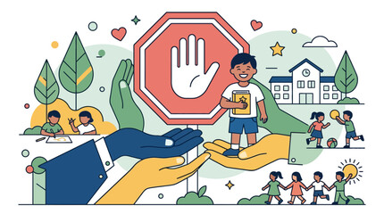 Naklejka premium Conceptual illustration of child protection and safety showing adult hands protecting children and stop sign. EPS Editable