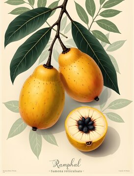 A vibrant illustration of Ramphal fruits with green leaves on a beige background