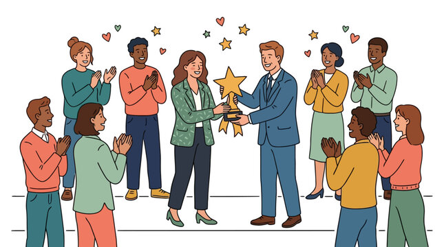 Diverse business team celebrating employee recognition award ceremony with star trophy illustration. EPS Editable