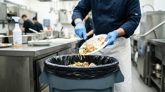 Chef scraping leftover food from plate into trash bin in commercial kitchen, restaurant food waste, hygiene, sustainability and kitchen management concept.
