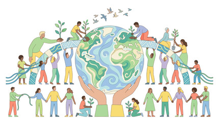 Fototapeta premium Diverse people working together to protect and save planet earth vector illustration. EPS Editable