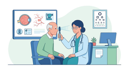Obraz premium Female ophthalmologist examining senior male patient eye with ophthalmoscope in clinic vector illustration. EPS Editable
