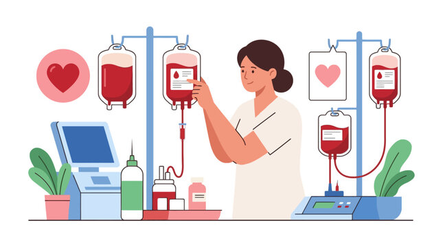 Female nurse preparing blood bags for transfusion and donation in a medical clinic vector illustration. EPS Editable