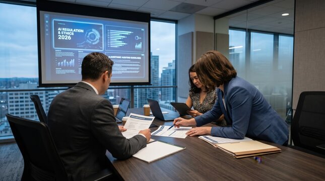 Corporate legal team discussing AI regulation and ethics guidelines in boardroom, reviewing algorithmic auditing documents and compliance reports for future policies.