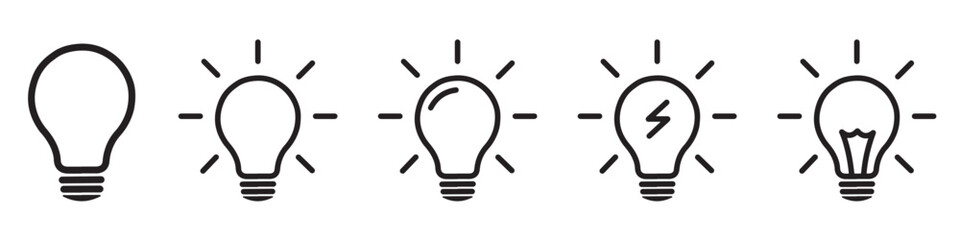 Lightbulb icon set. Light bulb linear icon. Idea and inspiration concepts. Creativity, innovation, solution symbol. Energy and insight pictograms for business concepts, brainstorming, startup visuals. © ISATON