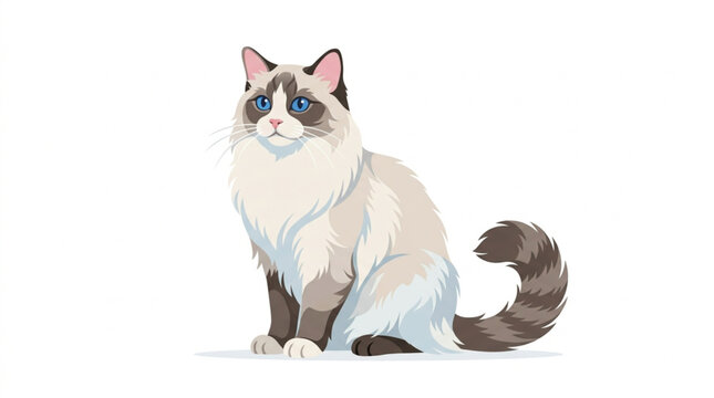 Elegant ragdoll cat vector illustration with blue eyes and fluffy longhair coat isolated on white background