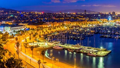 Fototapeta premium Cityscape at night with harbor, boats, lights, road traffic, and blurred lights trails. Distant mountains backdrop