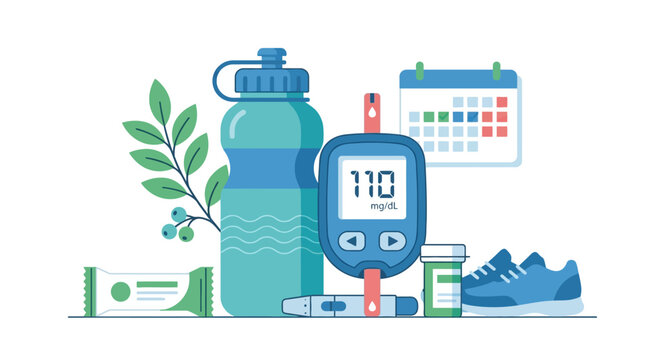 Flat vector illustration of diabetes management tools including glucometer water bottle and running shoes. EPS Editable