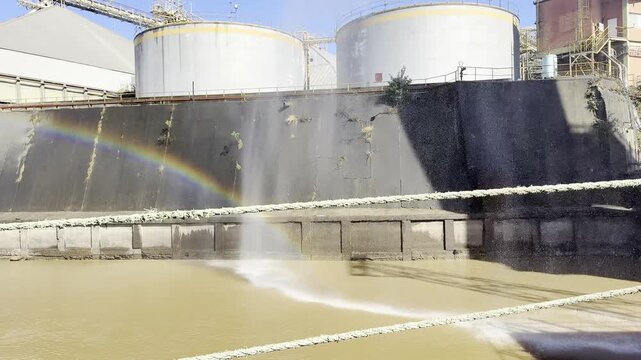  water spray in port terminal. rainbow. mooring ropes of ship.